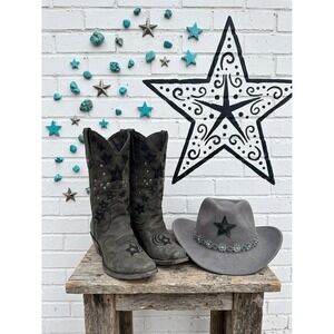 Liberty Black Star Studded Boho Leather Cowboy Boots Charcoal Grey festival 8